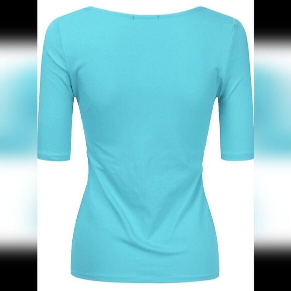 🔹️🔺️Blue Scoop Neck Stretchy Elbow Sleeve Top Large - Picture 3 of 11